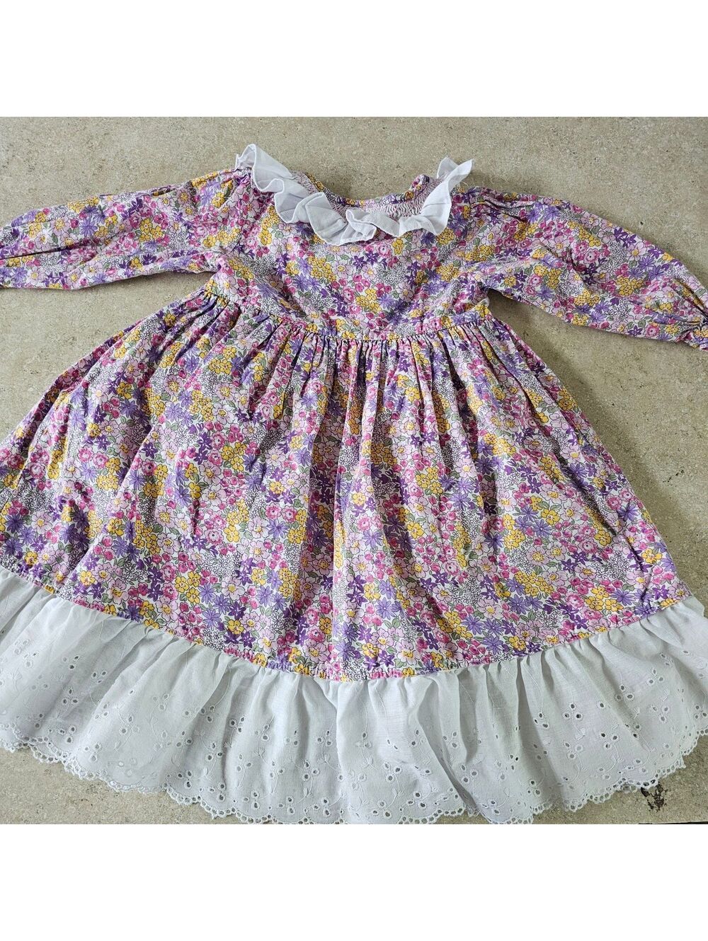 Vintage Floral Long Sleeve Dress Eyelet Hem for Kids 18 M